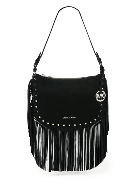 michael kors black fringe handbag|Michael Kors black studded bag.